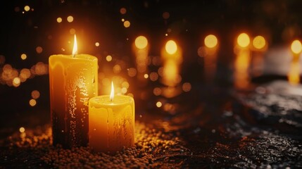 A cinematic shot of candles burning on a black background with bokeh lights. A warm aesthetic atmosphere representing hope and peace. Candles lit for religious rituals or memorials. - Powered by Adobe