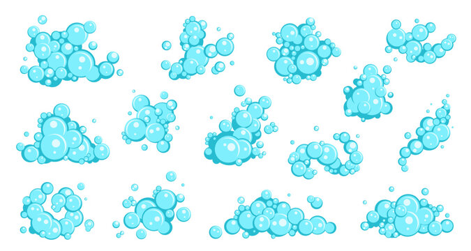 Blue soap bubbles. Cartoon flat bath foam, detergents with water effect, mini compositions, shampoo or shower gel, shaving mousse, antibacterial hygiene product isolated nowaday vector set