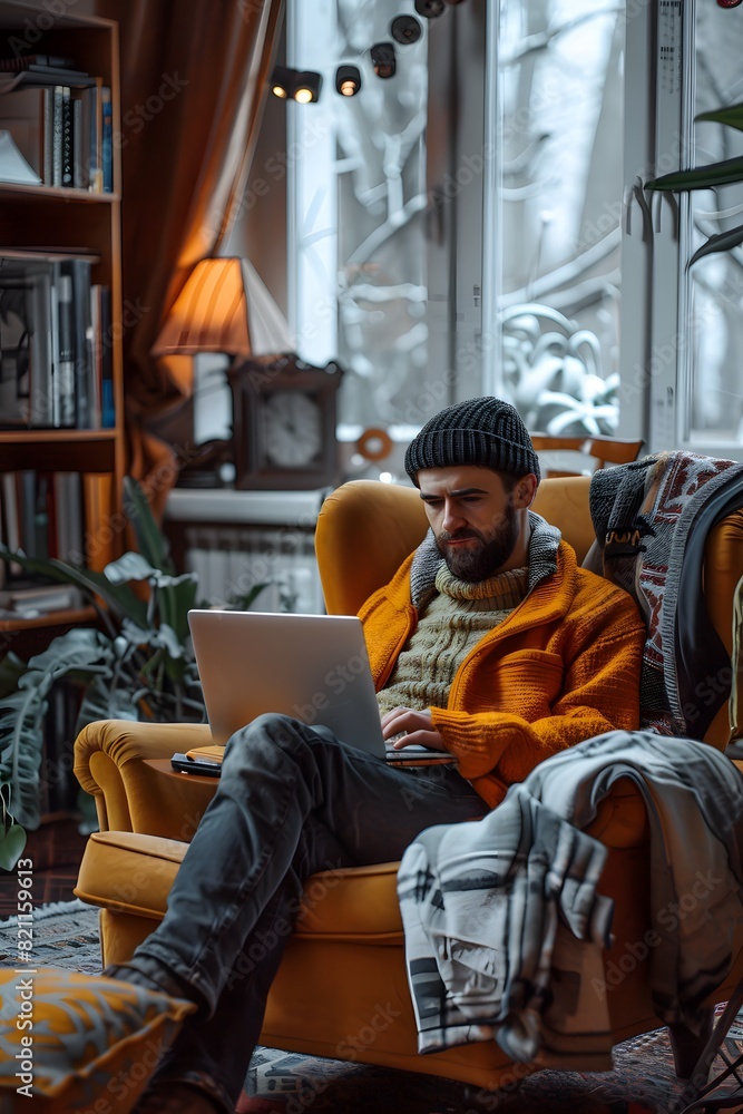 Poster man sitting on a couch using a laptop computer