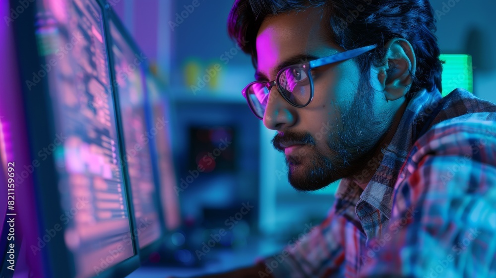 Poster this handsome indian software developer works in a technological laboratory environment. he drafts r