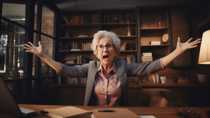 A tired and frustrated elderly and Caucasian business woman is standing in front of her wooden office desk with her hands in the air with side-lighting - Powered by Adobe