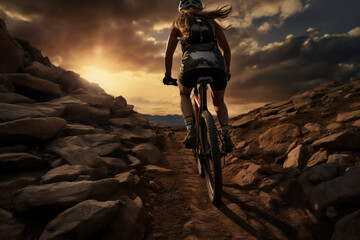 A stunning foto of a young adult and Mongolian woman riding her bicycle on a rocky mountain, a frontside portrait of a girl racing her mountain-bike on a dusty hillside full of rocks at sunset