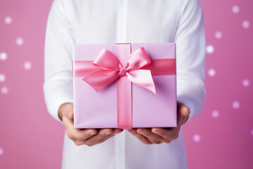 glamorous pink background with male hands holding a wrapped gift box seen from a low angle for a birthday
