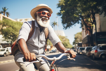 A beautiful elderly of South-African hipster man riding his bicycle to work, a backside portrait of a guy commuting on a bicycle on a sunny day in an urban street at mid-day