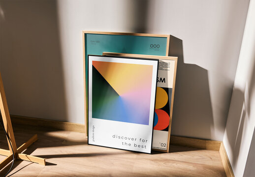 Mockup of three customized vertical picture frames on floor