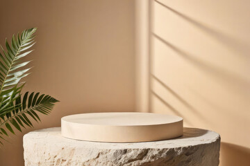 Premium quality Minimal product display neutral beige color shadows and podium background. 3d rendering, Ai Generative