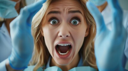 A person experiencing fear and anxiety at the dentists office, showing apprehension and nervousness about dental procedures and the tooth doctors tools and equipment.