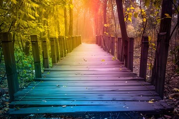 Wooden bridge surrounded by forest under colorful rainbow light