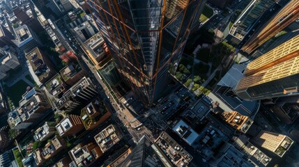 Panoramic view cityfrom an Aerial Helicopter. Aerial photo of the Business District with light-filled buildings and offices.