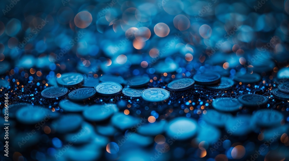 Poster many blue currency symbol are scattered, creating abstract background
