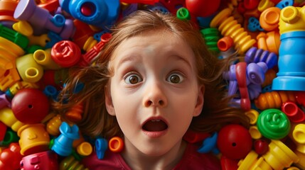 Child Engulfed in Colorful Toys
