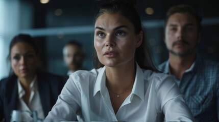 A Caucasian female entrepreneur talks on the Board of Directors at the corporate office. Diverse investors listen and discuss growth strategy with the confident businesswoman.