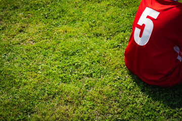 Child soccer player with red uniform sitting on a green lawn. copyspace.
