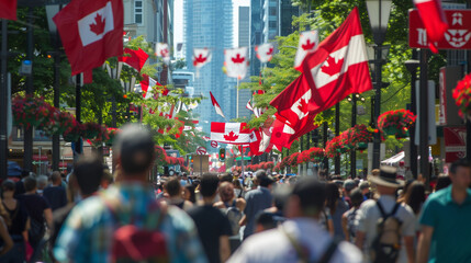 A bustling street in Canada adorned with numerous Canadian flags and flower decorations, filled with people celebrating a national holiday under a sunny sky