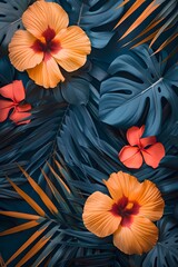Tropical leaves and flowers arranged in a pattern