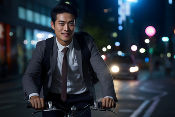 A beautiful adult of Asianformal man riding his bicycle to work, a frontside portrait of a guy commuting on a bicycle on a sunny day in an urban street at midnight
