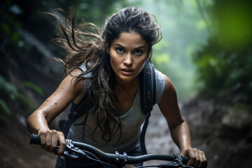 Obraz premium A stunning foto of a young adult and Asian woman riding her bicycle on a track in a forest, a frontside portrait of a girl racing her mountain-bike through a lush jungle at mid-day