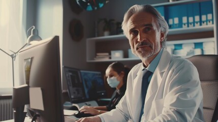 Fototapeta premium A senior medical practitioner working at his desktop computer, while his assistant works behind him.