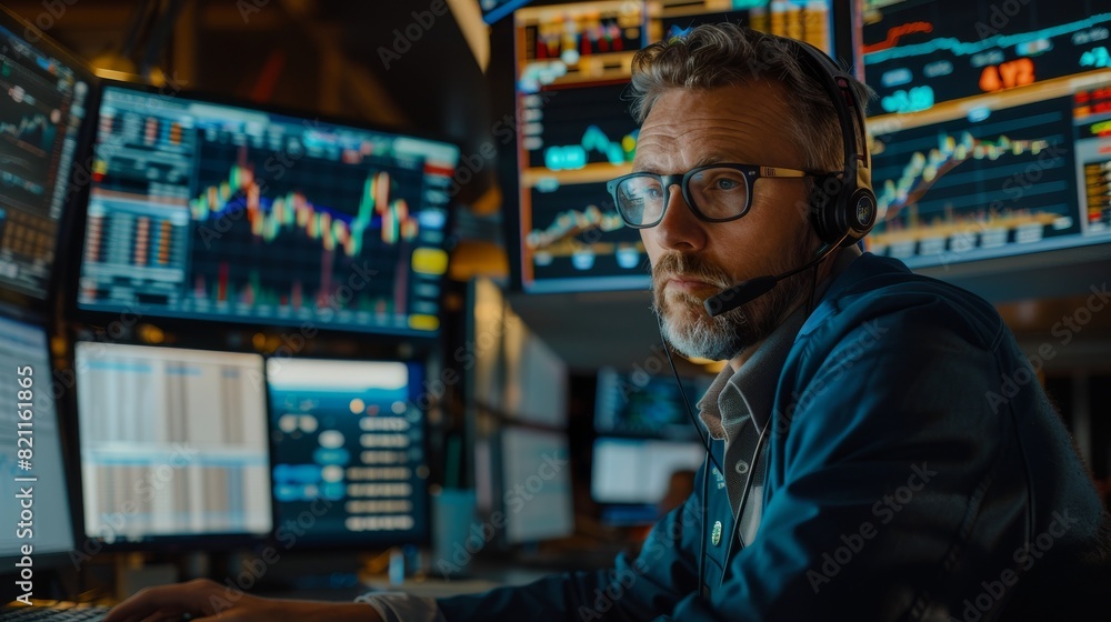 Poster this is a picture of a stock exchange trader making a deal with a powerful client over a headset. he