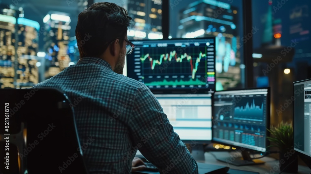 Poster a stock market trader looks over their left shoulder while working on a computer with a mock-up gree