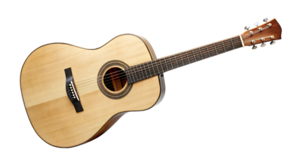 A brown wooden acoustic guitar rests alone on a white background