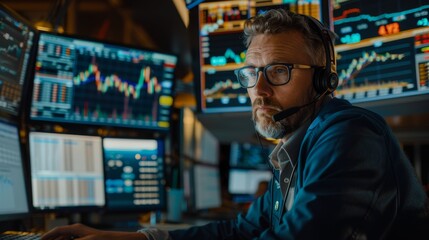 Fototapeta premium This is a picture of a stock exchange trader making a deal with a powerful client over a headset. He works with other brokers and is surrounded by computers and screens displaying graphs and ticker