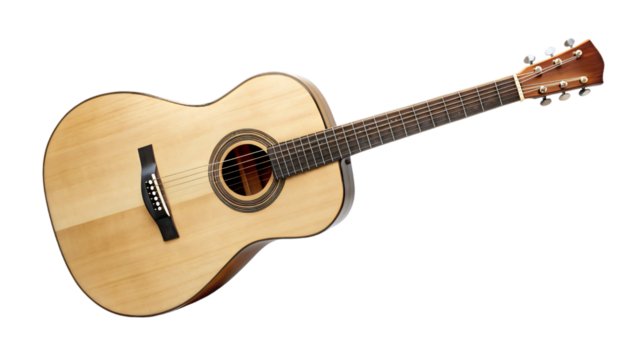 A brown wooden acoustic guitar rests alone on a white background