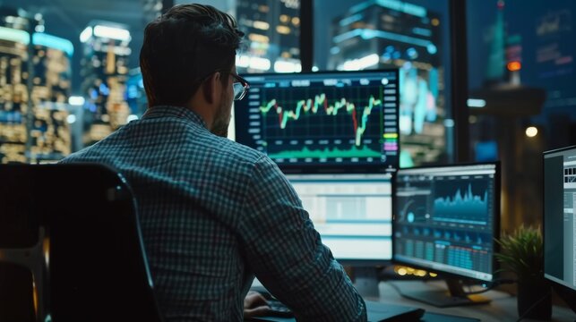 A stock market trader looks over their left shoulder while working on a computer with a mock-up green screen to the left and a second display displaying a number ticker and graphs to the right.