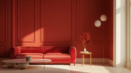 3d rendering  room Pantone Color trend , stylish , color  blocking, simplicity,  with space  area  , monochrome flat  orange color,  furnitures, 3d Rendering, mock-up
