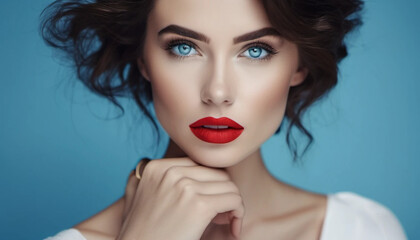 Fototapeta premium Beuaitful woman with dark hair, red lips and blue eyes. 