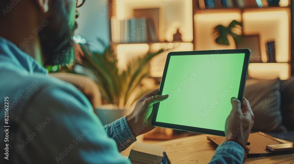 Poster a close-up of a man using hand gestures on a green mock-up screen while he sits at his desk. the roo