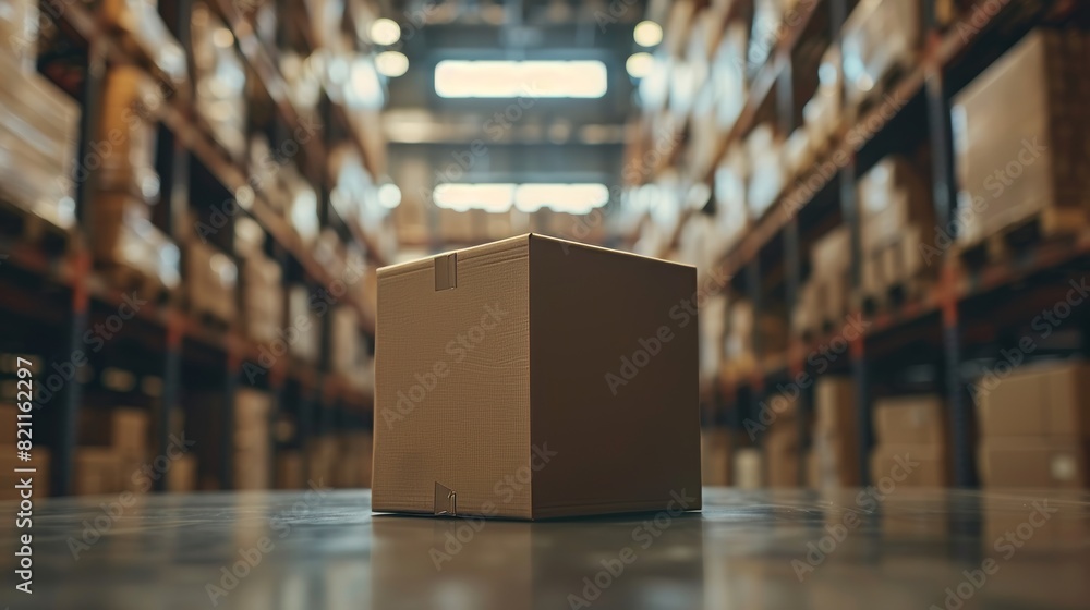 Poster an empty cardboard box package stands on a warehouse table next to rows of shelves with parcels wait