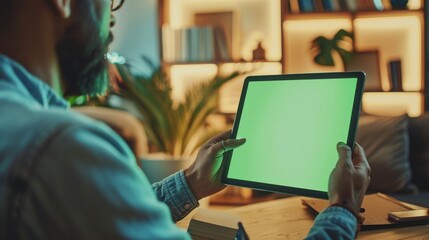 A close-up of a man using hand gestures on a green mock-up screen while he sits at his desk. The room has a cozy feel in the background.