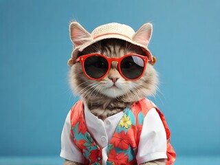 A happy smiling cat wearing sunglasses and going to the summer sea