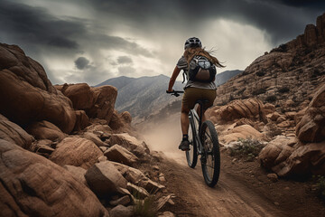 A stunning foto of a adult and Caucasian woman riding her bicycle on a rocky mountain, a backside portrait of a girl racing her mountain-bike on a dusty hillside full of rocks at mid-day