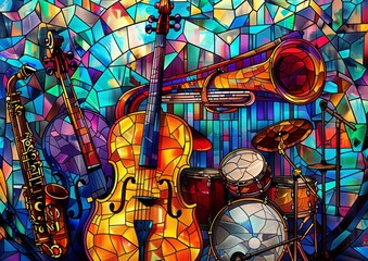 Fototapeta premium A vibrant and colorful musical instruments, including the electric guitar, violin, piano keys, drum set, saxophone. Stained Glass style, In an abstract art style with a detailed background and vivid c