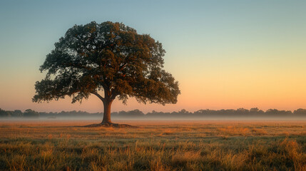 Award Winning National Geographic rule of thirds, photograph of a lone oak tree in a misty morning field, minimalist, plain dawn colored background, ultra realistic photo, right in