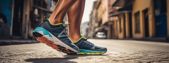 male or man Latin trail runner running on a city street with a close-up of the trail running shoes during a cloudy mid-day