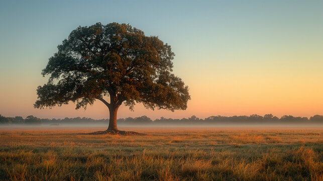 Award Winning National Geographic rule of thirds, photograph of a lone oak tree in a misty morning field, minimalist, plain dawn colored background, ultra realistic photo, right in