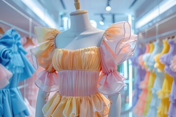 A chic dress with oversized puffy sleeves in pastel colors, displayed on a mannequin in a boutique setting