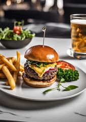 Gourmet burger, Burger with french fries, Gourmet Burger with Fried Egg and Fresh Greens - Close-Up