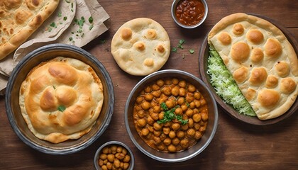 Chole Bhature: A combination of spicy chickpea curry (chole) and deep-fried bread (bhature) on the wooden table top view