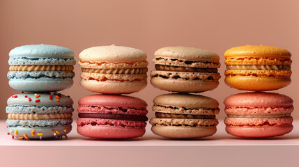 Fototapeta premium Award Winning National Geographic rule of thirds, photograph of a row of colorful macarons, minimalist, plain pastel background, ultra realistic photo, centered in frame The macaro