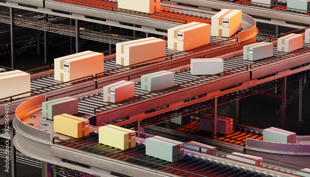 Poster warehouse conveyor. boxes on automated production line. conveyor belt with turns. automatic distribu