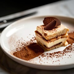A dessert with a chocolate topping on a white plate