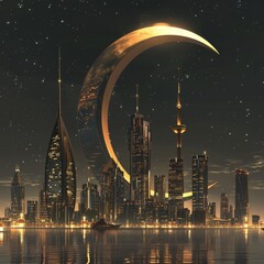 A city with a large golden moon in the sky