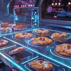 A futuristic display of cookies with a blue background