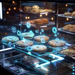 A display of cookies with a blue background and a blue light shining on them