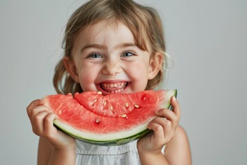 Joyful Little Girl Enjoying Fresh Watermelon Slice on Summer Day