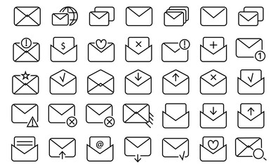 Mail icons collection. Set of mail envelope icons in black. Messaging symbols. Vector illustration